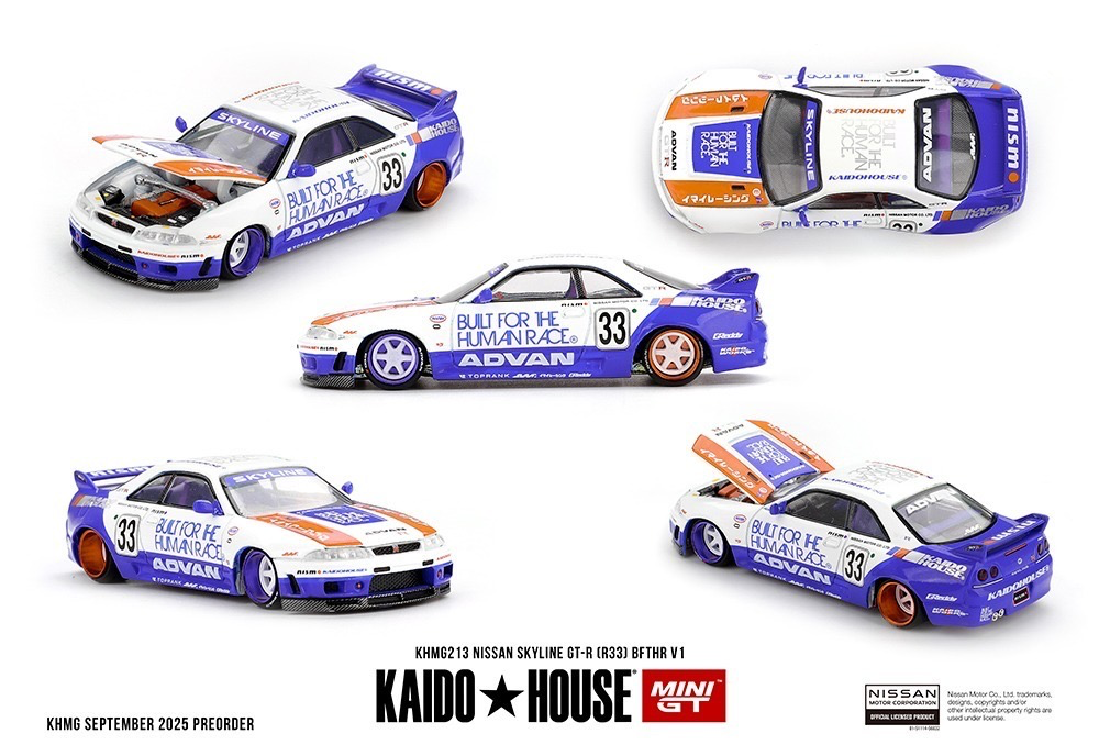 Kaido House x Mini GT Nissan Skyline GT-R (R33) BFTHR V1 – White w/ Blue Two-tone