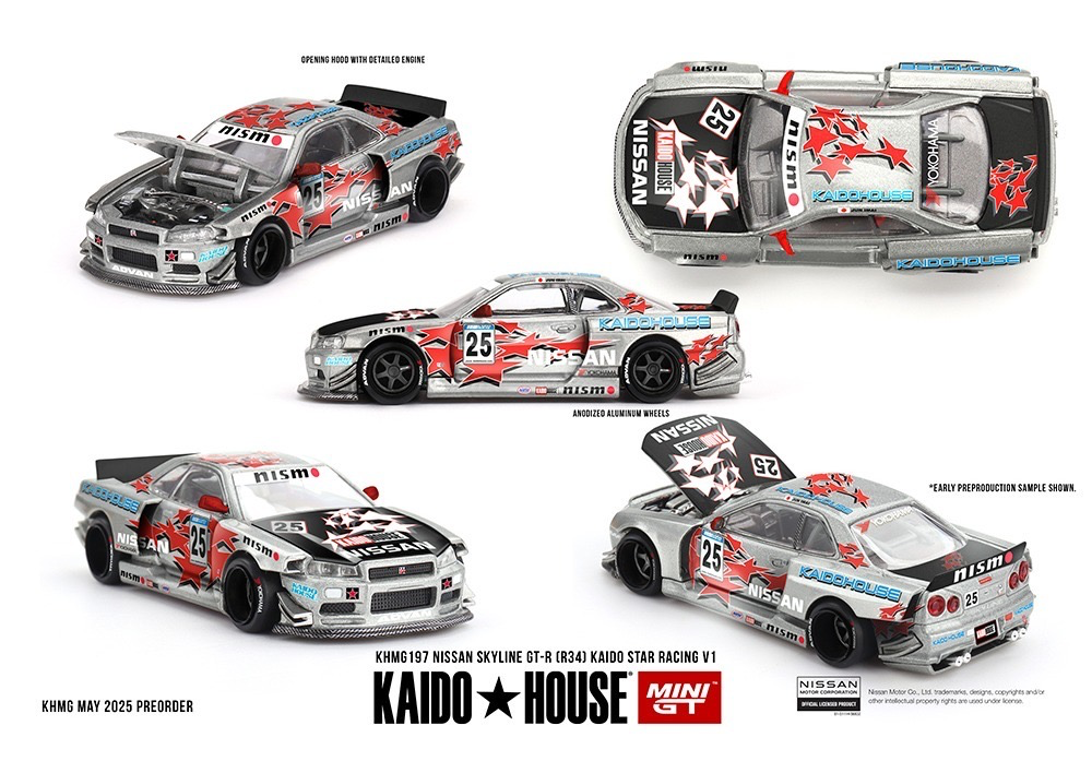 Kaido House x Mini GT 1:64 Nissan Skyline GT-R (R34) Kaido Star Racing V1 - Silver