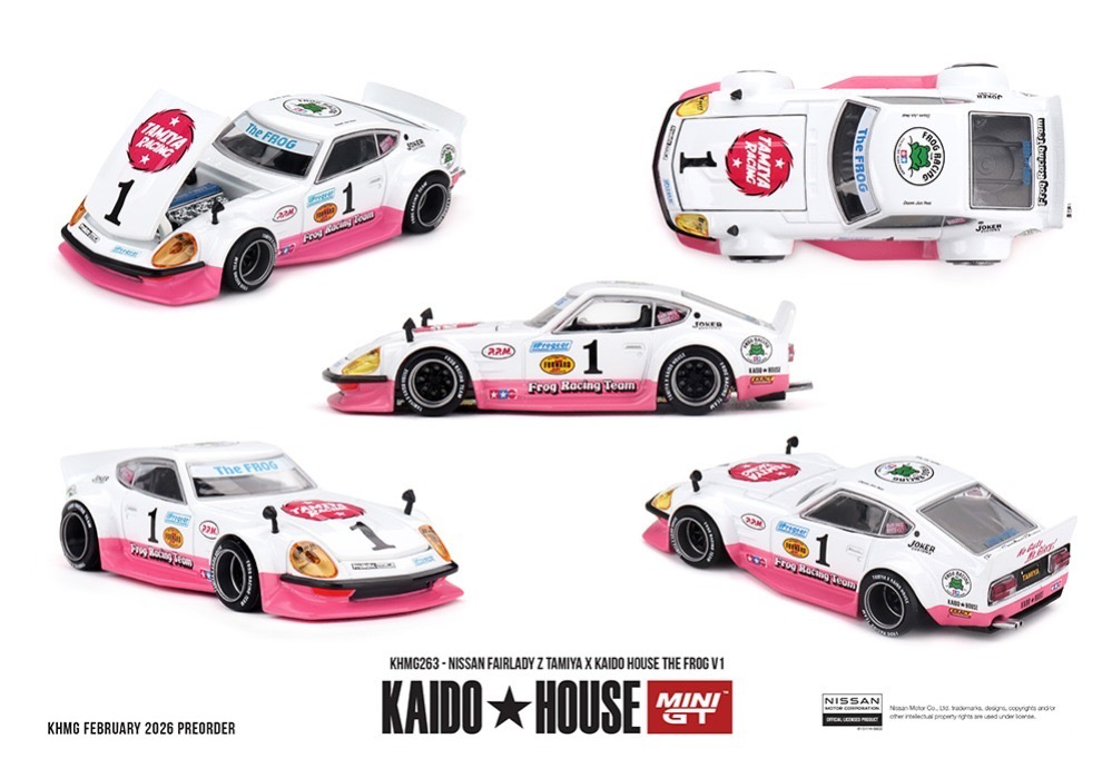 Kaido House x Mini GT 1:64 Nissan Fairlady Z Tamiya x Kaido House The Frog V1 – White/Pink