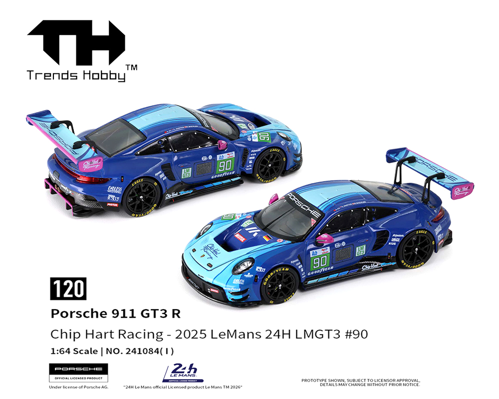 Trends Hobby 1:64 Porsche 911 GT3 R Le Man 24H 2025 #90 Chip Hart Racing – Limited Edition