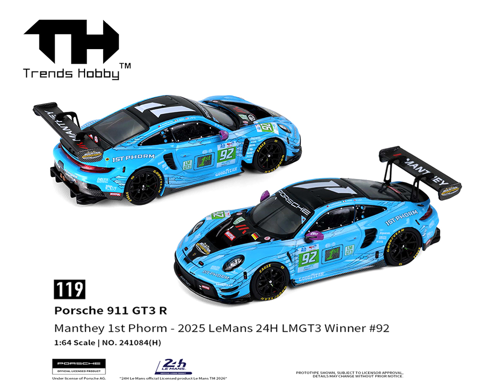 Trends Hobby 1:64 Porsche 911 GT3 R Manthey 1ST Phorm 2025 Le Mans 24H LMGT3 WINNER #92 – Limited Edition