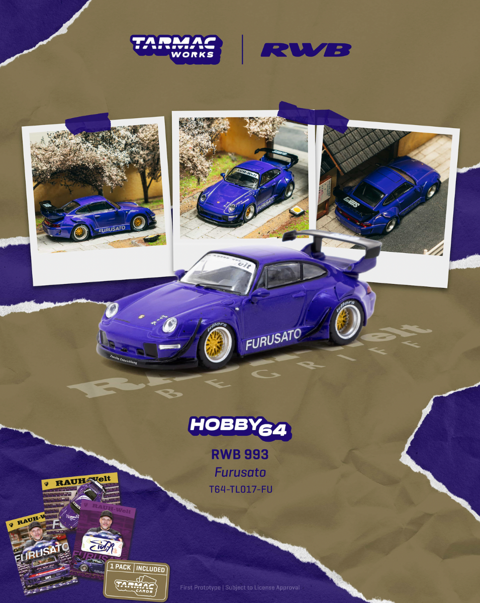 Tarmac Works 1:64 RWB 993 Furusato Model Car + Set combinado de tarjetas coleccionables