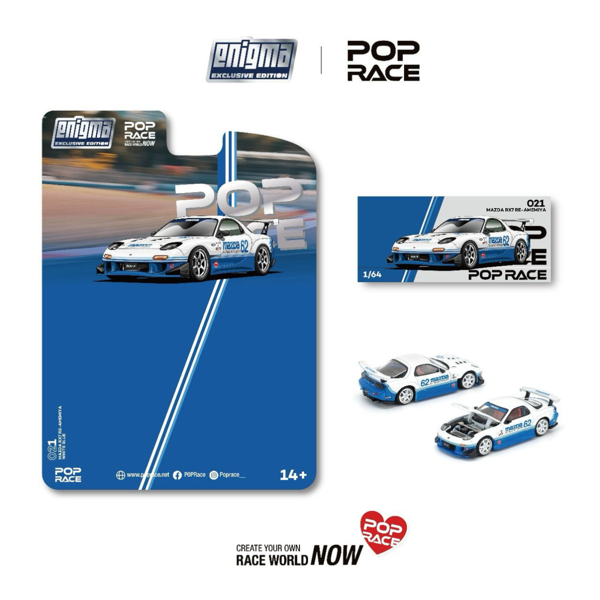 Pop Race x Enigma 1:64 MAZDA RX7 (FD3S) BLUE / WHITE PRE021