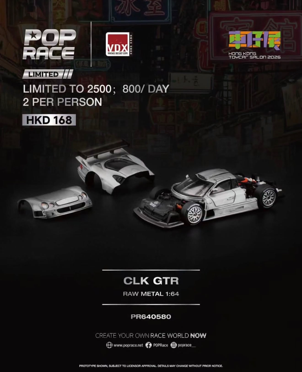 Pop Race 1:64 Mercedes-Benz AMG CLK GTR - Raw Metal - Expo Hong Kong Toycar Salon 2026.